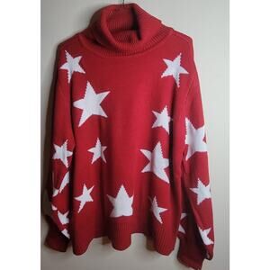 Red & White Sweater Zenana White Star XL Turtle Cowl Neck Mid Weight Long Sleeve
